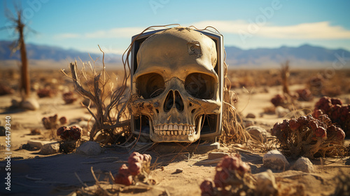 A human skull stuck in an empty box of an appliance disposed of in the desert