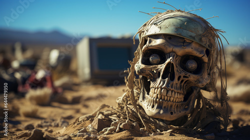 A remnant of a cyborg lies in a junkyard among an old demolished TV from the 20th century disposed of in the wasteland