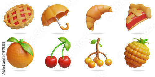 Fototapeta Naklejka Na Ścianę i Meble -  autumn 3D vector icon set.
pie,umbrella,croissant,pie slice,orange,cherry,rowan,raspberry