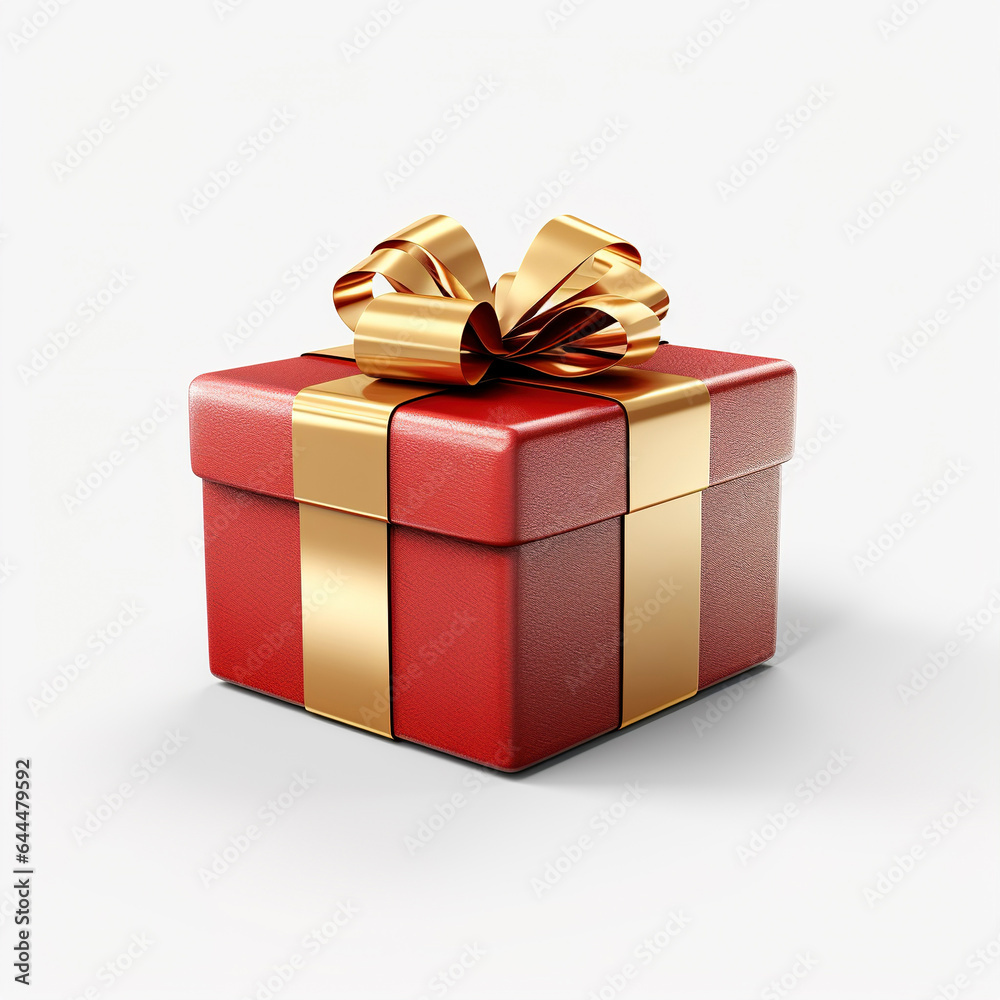 Obraz premium Red gift box with gold ribbon on white background. New Year and Christmas design of gift boxi. Present red box, tied with gold wrapping ribbon on surface.