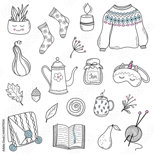 Lifestyle Fall collection. Doodle illustrations for stickers, patterns, coloring books. Hygge Autumn set.