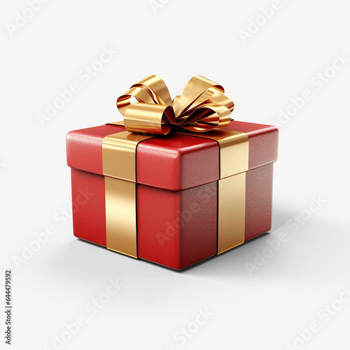 Red gift box with gold ribbon on white background. New Year and Christmas design of gift boxi. Present red box, tied with gold wrapping ribbon on surface. photo