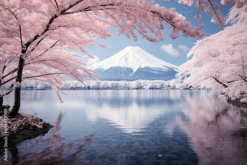 mountain and lake with sakura