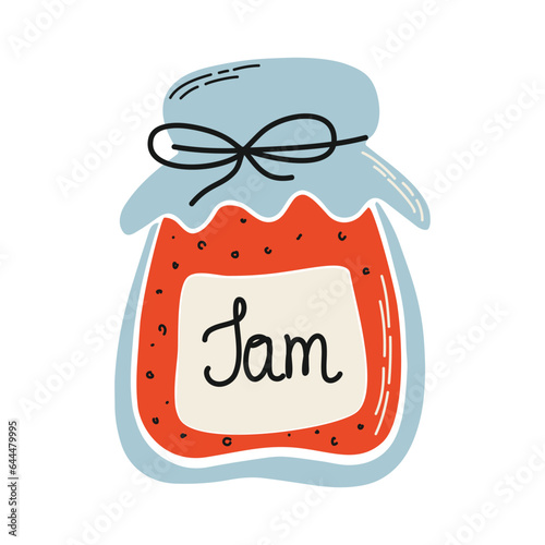 Vector illustration of jam. Jar of marmalade. Summer sweet preserve. Doodle style single object isolated on transparent background.
