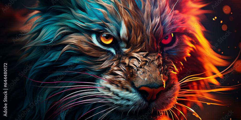 Fantasievoller Löwe in farbenprächtigen Design für Poster im Querformat für Banner, ai generativ