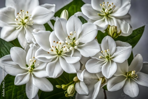 A still life close up shot of Jasmine flowers. The composition is a symphony of whites and greens, with the flowers standing as graceful notes on nature's staff - AI Generative © Being Imaginative