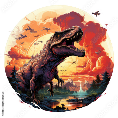 A captivating Dinosaur t-shirt design capturing the awe-inspiring moment of a herd of dinosaurs migrating across a vast desert under a dramatic sky filled with swirling storm clouds, Generative Ai © creativeproartist