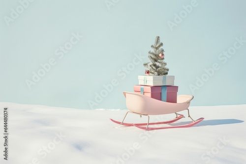 Pink sleds on the snow filled with Christmas gifts and a small tree  set against a blue sky. A minimalist and festive holiday concept