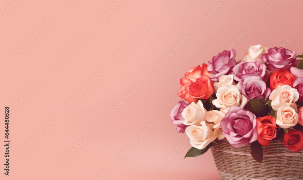A bouquet of roses in a straw basket on a pink background. Valentine's Day concept. Created by AI