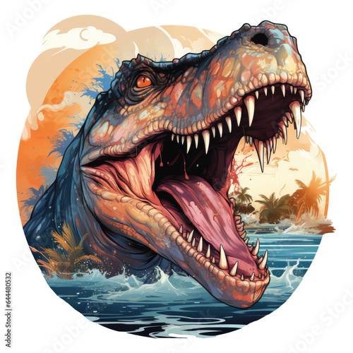 An awe-inspiring Dinosaur t-shirt design capturing a breathtaking moment of a colossal aquatic dinosaur breaching the surface of a crystal-clear ocean  Generative Ai