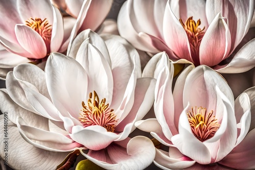 A Still Life Close up Shot of Magnolia Flowers. Delicate petals unfurl in a display of nature s grace   their intricate patterns and subtle hues - AI Generative