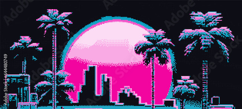 Synthwave retro 8-bit pixel art landscape with palms and moon in neon colors.