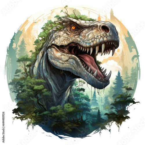 A captivating Dinosaur t-shirt design featuring a lush, mystical forest where ancient trees intertwine with dinosaur skeletons, Generative Ai © creativeproartist