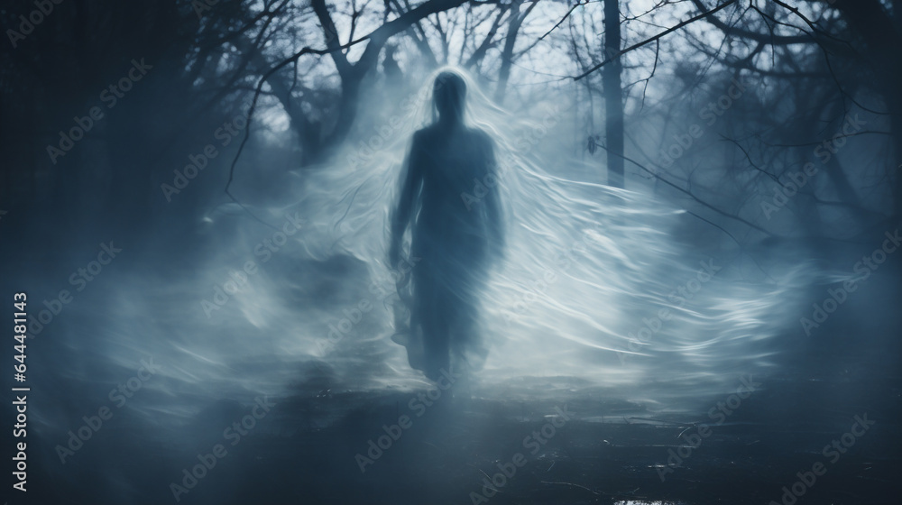 Scary ghost in foggy night. Scary halloween concept