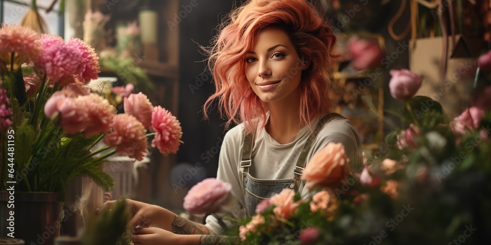 Flower seller prepares a luxury bouquet at a flower shop. Generative AI
