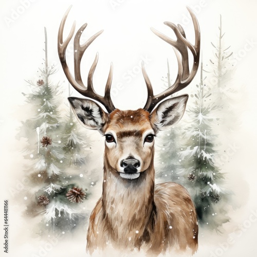 Watercolor Christmas deer. Winter card design. Generative AI © 22_monkeyzzz