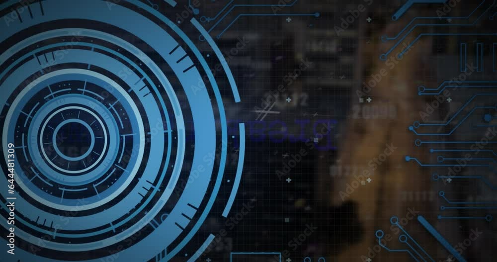 Animation of loading circles, circuit board pattern and computer language over abstract background Animation of loading circles, circuit board pattern and computer language over abstract background