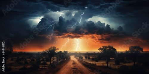 night thunderstorm over the lake, Lightning with dramatic clouds. Generative AI