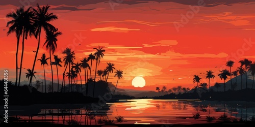 Horizontal illustration of a sunset on paradise island.