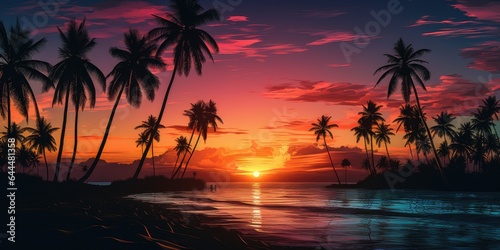Colorful sunset on a paradise island. Palm trees against the backdrop of sunset.