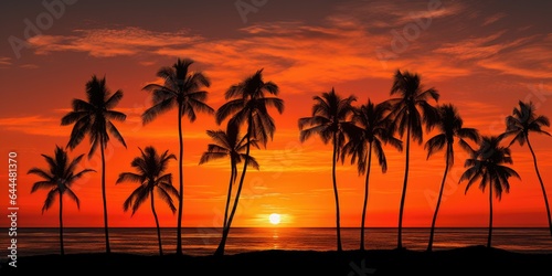 Horizontal illustration of a sunset on paradise island.