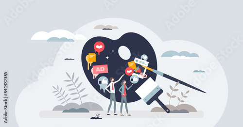 Crafting perfect marketing playbook for company strategy tiny peron concept. Planning promotions, ads and social media content for effective brand recognition and business style vector illustration.