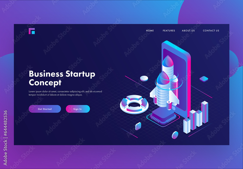 Business Startup Concept Based Landing Page with 3D Smartphone, Rocket ...