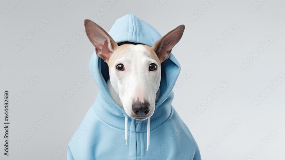 dog in a blue hoodie on a gray background