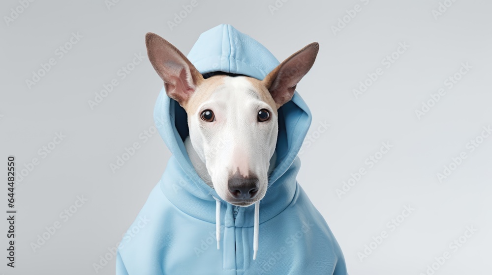 dog in a blue hoodie on a gray background dog in a blue hoodie on a gray background