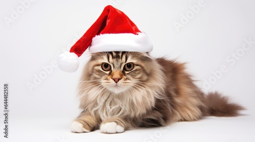 funny siberian cat in santa hat on white background © Анастасия Козырева