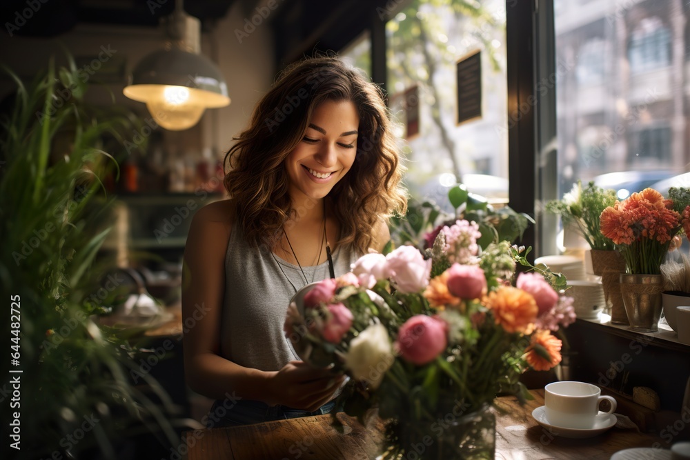 Attractive woman forming an autumn bouquet from seasonal flowers and decor during sunlight day