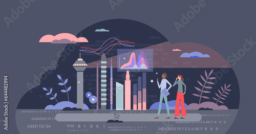 Digital transformation in business with futuristic tech tiny person concept. Data technology with 5G and IOT usage for effective and smart automation vector illustration. Urban city control with AI.