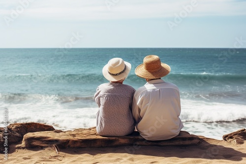 close-up and portrait of two happy and active seniors or pensioners having fun and enjoying looking at the sunset smiling with the sea - old people outdoors enjoying vacations together.