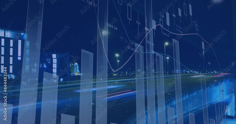 Animation of multiple graphs over time-lapse of vehicles moving on modern bridge in city at night Animation of multiple graphs over time-lapse of vehicles moving on modern bridge in city at night