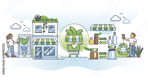 Eco friendly shopping and zero waste purchases lifestyle outline concept. Buy grocery in reusable packaging as nature friendly and sustainable choice vector illustration. Sustainable retail store.