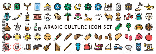Big set of arabic culture icon (Hand-drawn line, colored version)