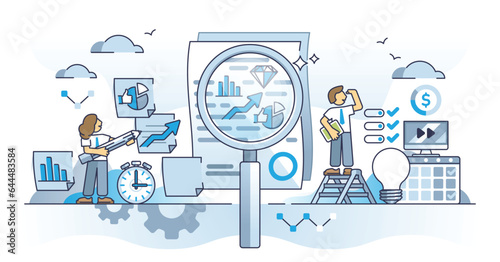 Data analytics and business insights for company future outline concept. Document research for development and precise planning vector illustration. Financial statistic report and graph analysis work