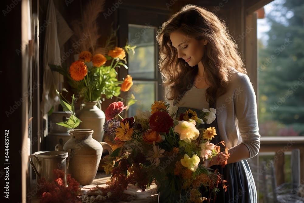 Attractive woman forming an autumn bouquet from seasonal flowers and decor during sunlight day