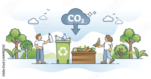 Recycling our responsibility to reduce plastic and garbage outline concept. Recycle bottles in container and food leftover in compost vector illustration. Save nature and dispose biodegradable trash.