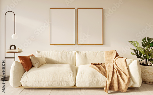 Mockup para cuadros en pared con marcos de madera, en sala estilo boho, 3d render