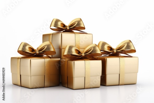 Photo of a collection of beautifully wrapped presents with golden bows created with Generative AI technology © AI Visual Vault