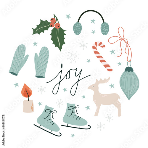 Set with cute Winter elements. Christmas print with cozy objects. Flat style hand drawn vector illustration.