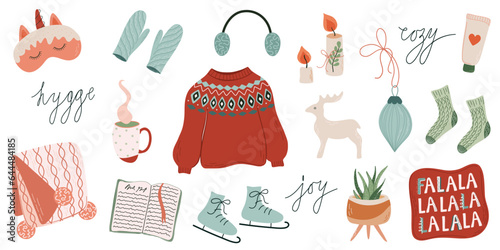 Autumn and Winter comfortable lifestyle and holidays objects. Set of hygge elements. Cozy home, Winter activities. Hand drawn flat style vector illustration.
