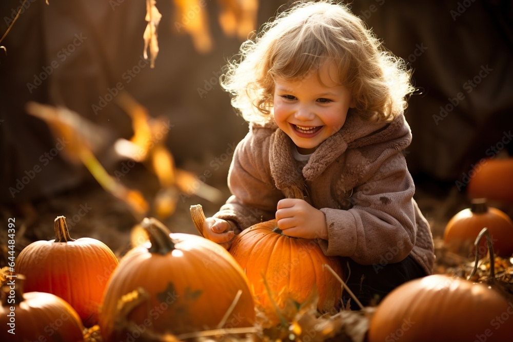 Small cheerful child sitting with pumpkins in autumn forest background in sunny weather