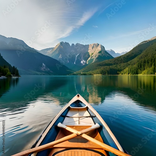 canoe on lake in the mountains