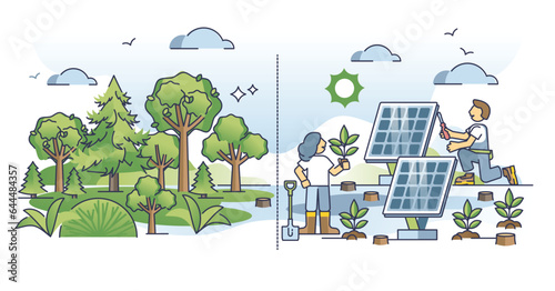 Climate change and conservation with green forest planting outline concept. Sustainable energy with solar panels as nature friendly alternative vector illustration. Forestation to control carbon.