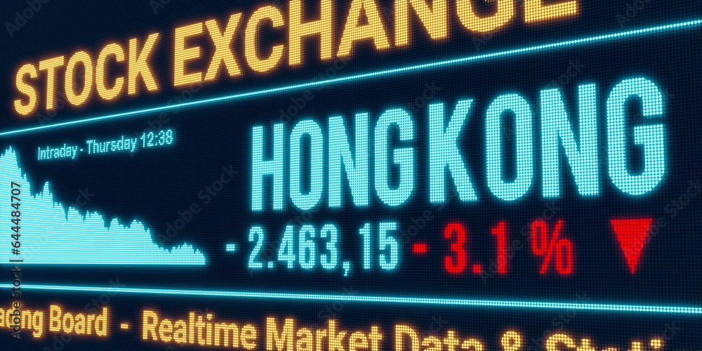 Hong Kong, stock market moving down. Negative stock exchange data, falling chart on the screen. Red percentage sign, loss and investment. 3D illustration