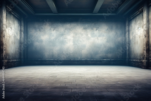 Empty old shabby vintage room. Grungy worn out painted concrete walls and floor. Front view background in moody colors. Interior and studio concept. AI generated illustration.