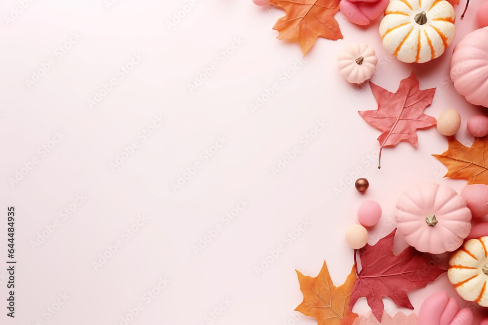 pink pastel pumpkins with fall leaves on soft colored ground with space for text, soft pink fall background - obrazy, fototapety, plakaty 