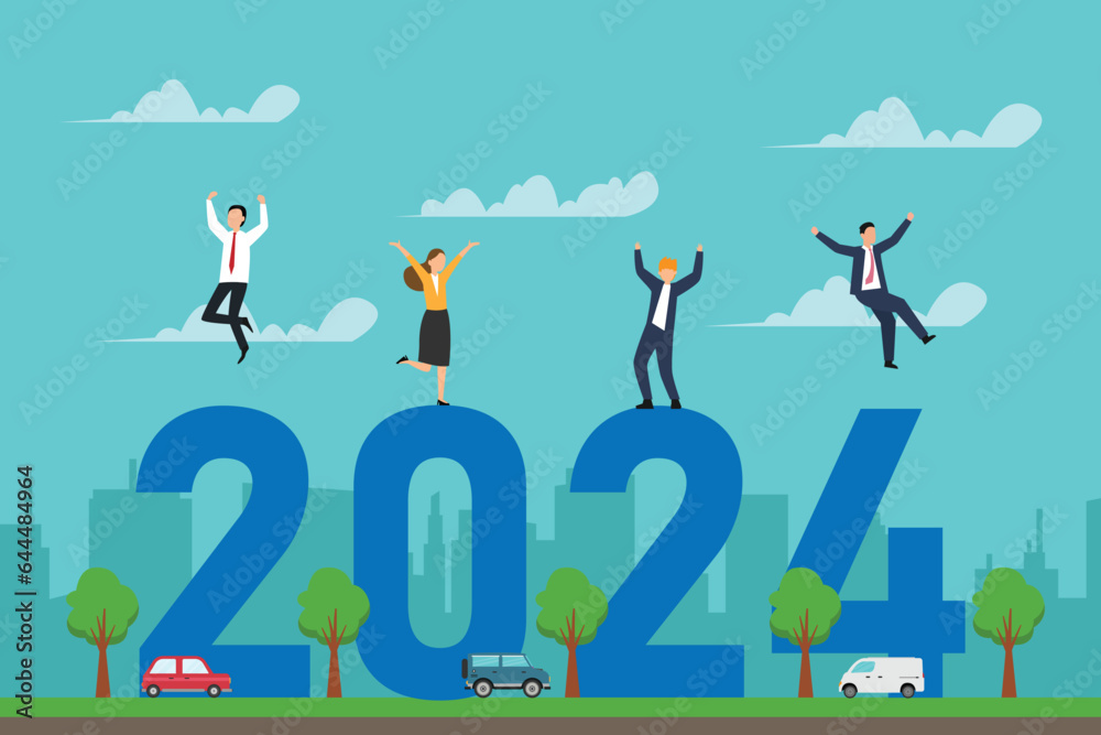 Happy people jumping on huge 2024 new year numbers 2d vector illustration concept for banner, website, landing page, flyer, etc